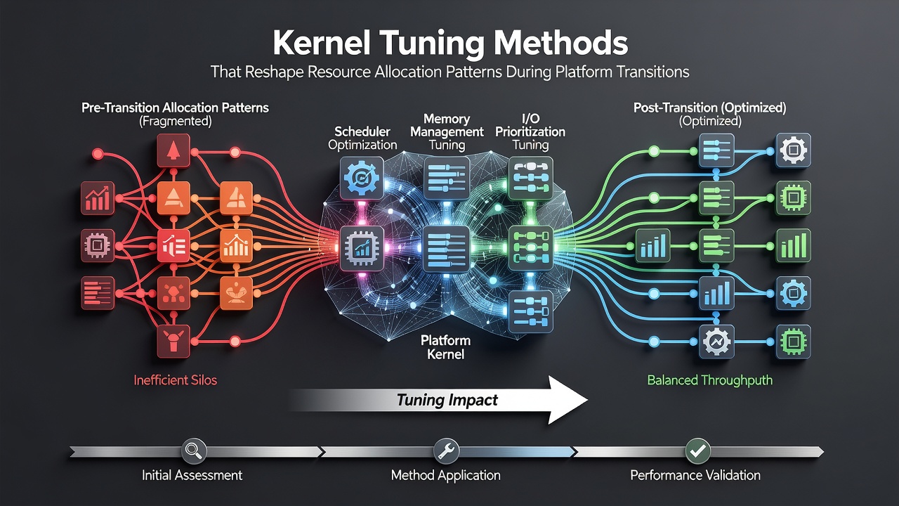 Graph depicting changes in CPU and memory allocation metrics before and after kernel tuning during a platform transition